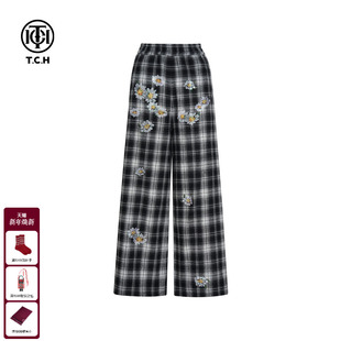 TCH轻奢烫钻潮牌高街时尚 女T75C20E9005 黑白格休闲宽松显瘦阔腿裤