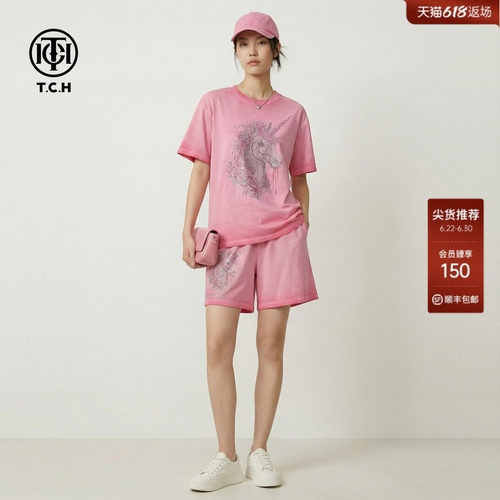 TCH烫钻独角兽做旧粉短袖T恤女宽松显瘦短裤休闲套装T78A07E1147
