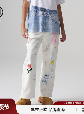 TCH 轻奢2025春季新款时尚百搭宽松烫钻白色牛仔裤T72A208005