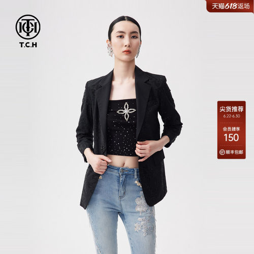 TCH新中式盘扣提花宽松气质翻领国风上衣西装外套女春夏新款