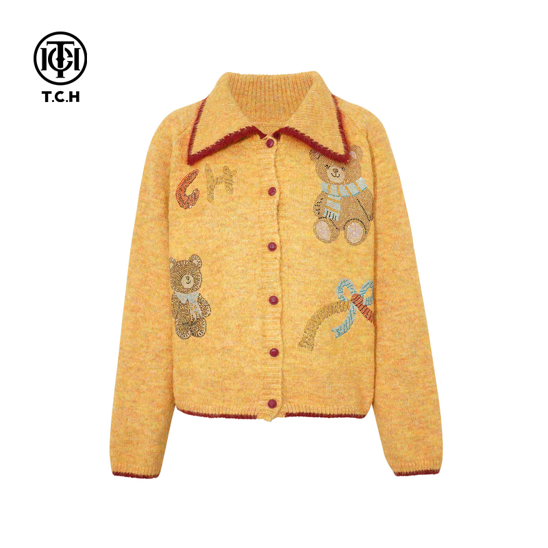 TCH私服烫钻秋冬元气甜美撞色翻领毛衣宽松针织开衫女T75D43E1030