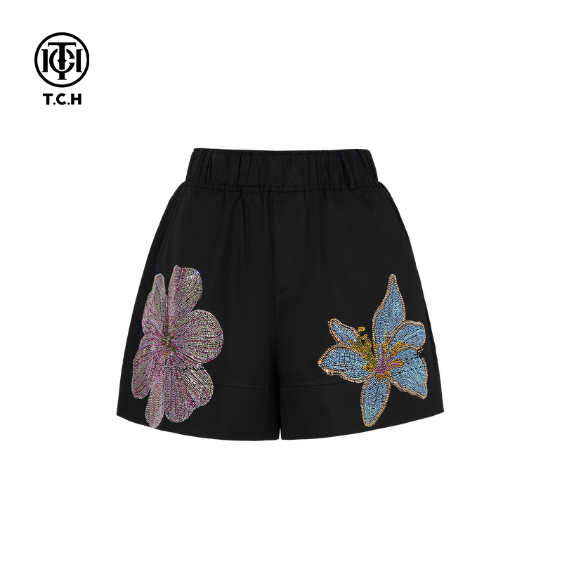 TCH私服烫钻高腰显瘦宽松阔腿显瘦洋气休闲短裤女夏季T75B21E5129