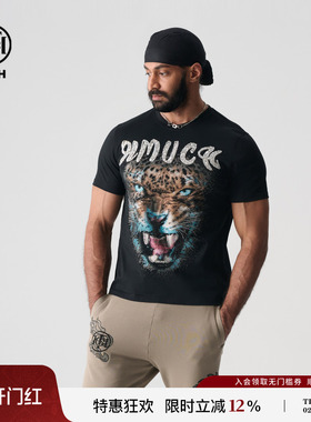 TCH轻奢夏季新款街头潮流烫钻狮子头黑色圆领短袖T恤男T72B106131