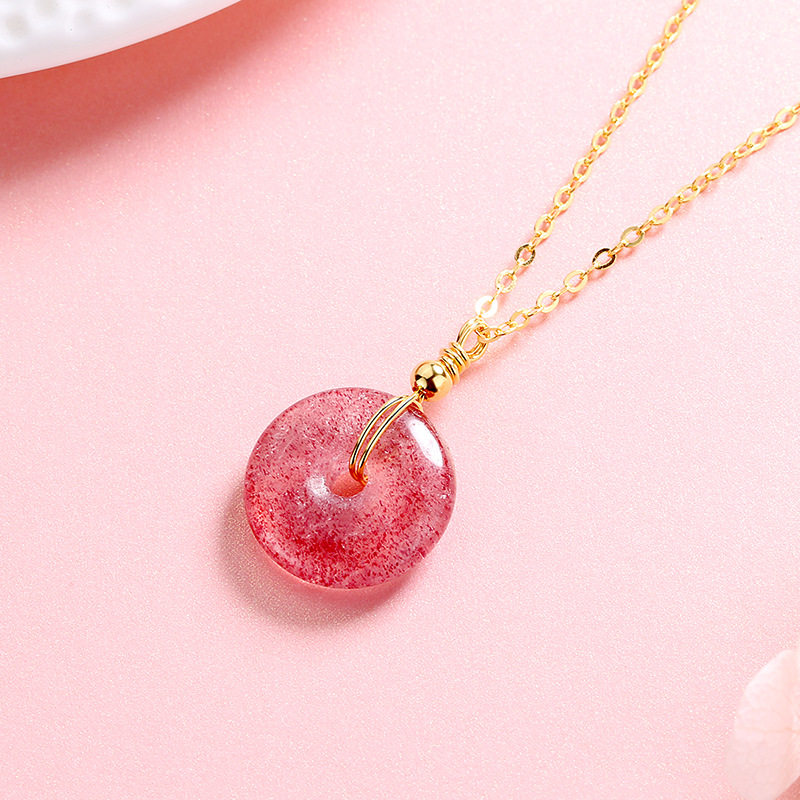 国风平安扣豆豆项链女小众纯银925锁骨链粉色石草莓晶吊坠招桃花