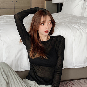 韩版ins设计感修身显瘦薄款打底衫女百搭纯色洋气微透冰丝长t恤潮