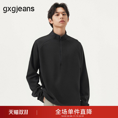 gxg.jeans男装黑色胸前绣花简约立领半开襟长袖T恤男春秋热销