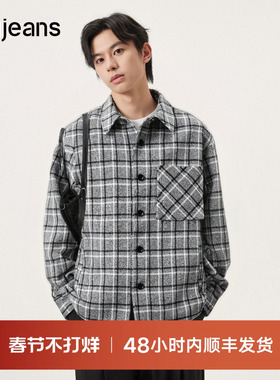 gxg.jeans男装 灰色复古格纹宽松翻领长袖衬衫外套 25年冬新品