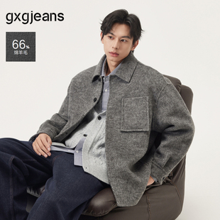 25年冬新品 gxg.jeans男装 绵羊毛66%花灰口袋设计宽松短大衣外套
