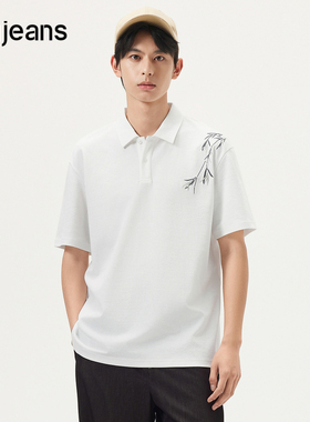gxg.jeans男装 白色新中式质感绣花翻领短袖t恤polo衫 夏季热销