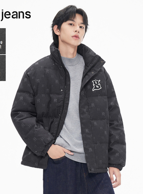 gxgjeans男装冬季老花满印黑色立领短款加厚保暖羽绒服男