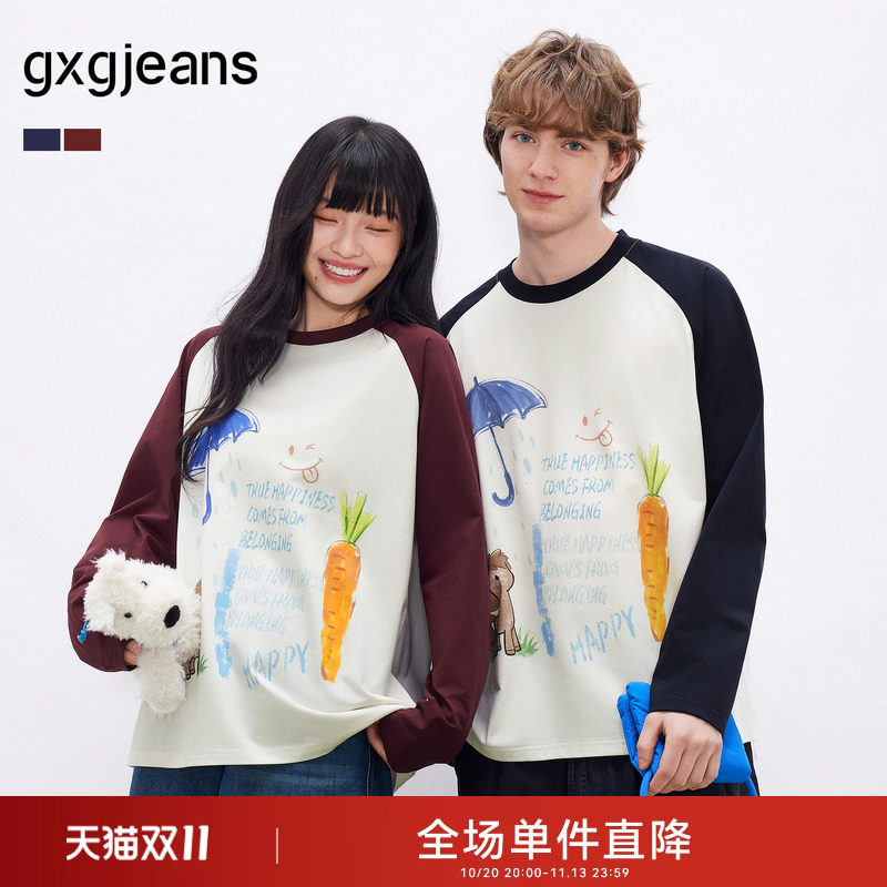 gxgjeans男装 多色潮流印花宽松休闲圆领长袖T恤男士26年春秋热销