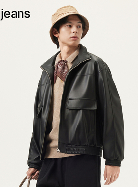 gxg.jeans男装 黑色pu皮简约时尚宽松翻领夹克外套 25年春秋新款