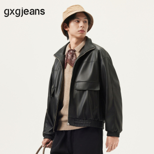 春秋热销 宽松翻领夹克外套 gxg.jeans男装 黑色pu皮简约时尚