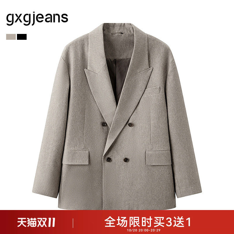 gxg.jeans男装  黑色棕色简约休闲通勤双排扣西服外套男 春秋热销