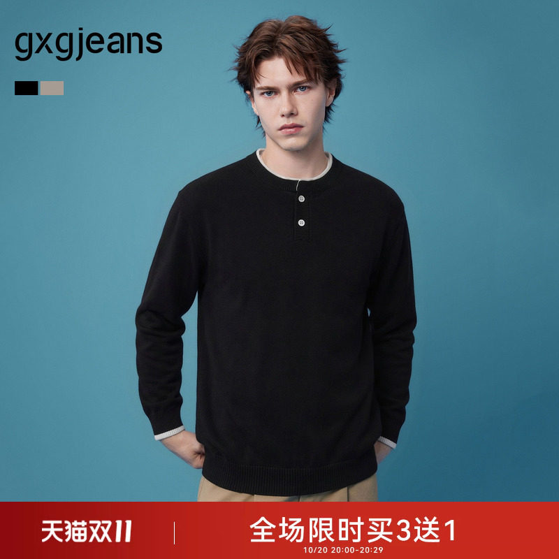 gxgjeans男装 假两件休闲亨利领宽松休闲毛衣线衫男 26秋新品