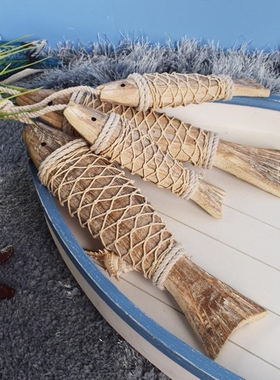 地中海原木挂鱼装饰复古做旧雕刻小串鱼挂件拍照道具海洋摆设礼物