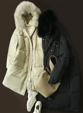 狐狸毛领！日系气质通勤90白鸭绒羽绒服女冬季中长款加厚保暖外套