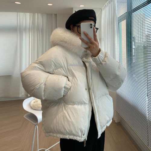 韩版短款连帽大毛领保暖羽绒服