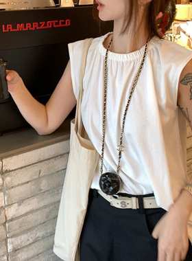 100%棉~小众设计感解构简约褶皱领无袖T恤衫夏季新款黑白色背心女