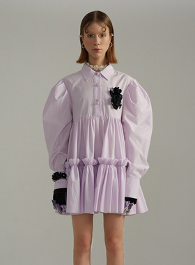 2024春秋ins小众设计衬衫领白色连衣裙女宽松小个子百褶裙蛋糕裙