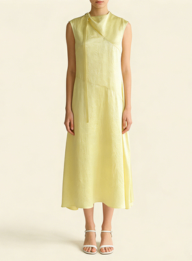 100%醋酸面料~斜裁不对称肌理感仙女裙黄色中长裙直筒无袖连衣裙