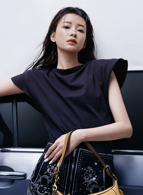 可拆卸垫肩小众设计不对称开衩下摆圆领短袖T恤衫夏季新款上衣女