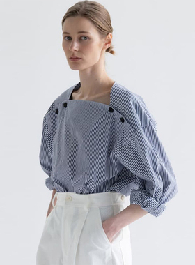 春夏韩国小众设计感蓝色纯棉条纹衬衫女方领宽松落肩OL通勤衬衣