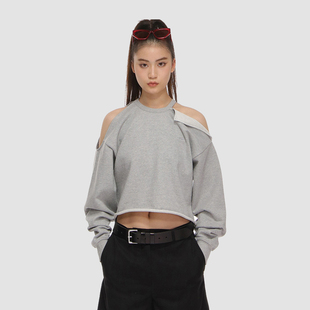 宽松减龄上衣圆领露肩长袖 短款 卫衣女 小众设计感不规则个性 全棉