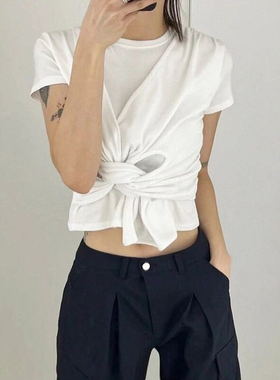 棉~夏季不规则设计街头个性修身短袖T恤衫休闲百搭白色上衣女装