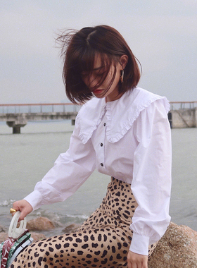 25春秋季~法式文艺复古小众通勤条纹衬衫泡泡袖衬衣娃娃领上衣女