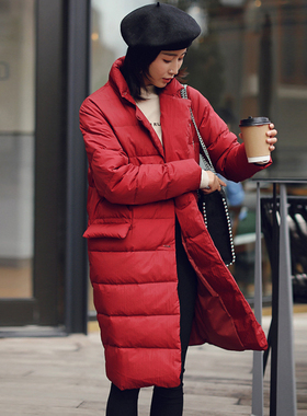 秋冬新款90白鸭绒羽绒服气质通勤修身显瘦保暖中长款红色外套女装