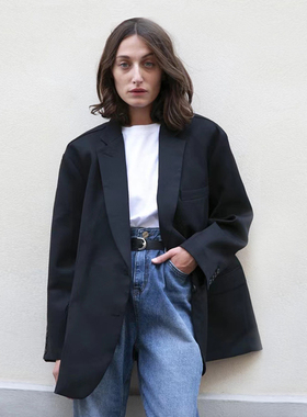 复古oversize男友风廓形宽松中长款黑色西服女2024年秋季西装外套