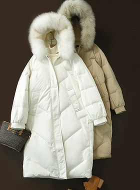 韩版时尚冬季加厚连帽白鸭绒羽绒服女长款过膝保暖小个子白色外套