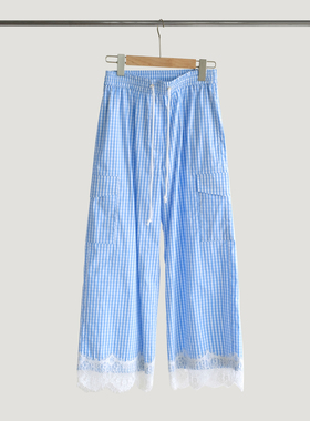 满满少女感！蕾丝拼接夏季蓝色格子宽松直筒九分裤女阔腿工装长裤