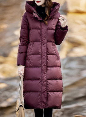 90白鹅绒~抗寒保暖加厚羽绒服冬季过膝中长款修身显瘦连帽外套女