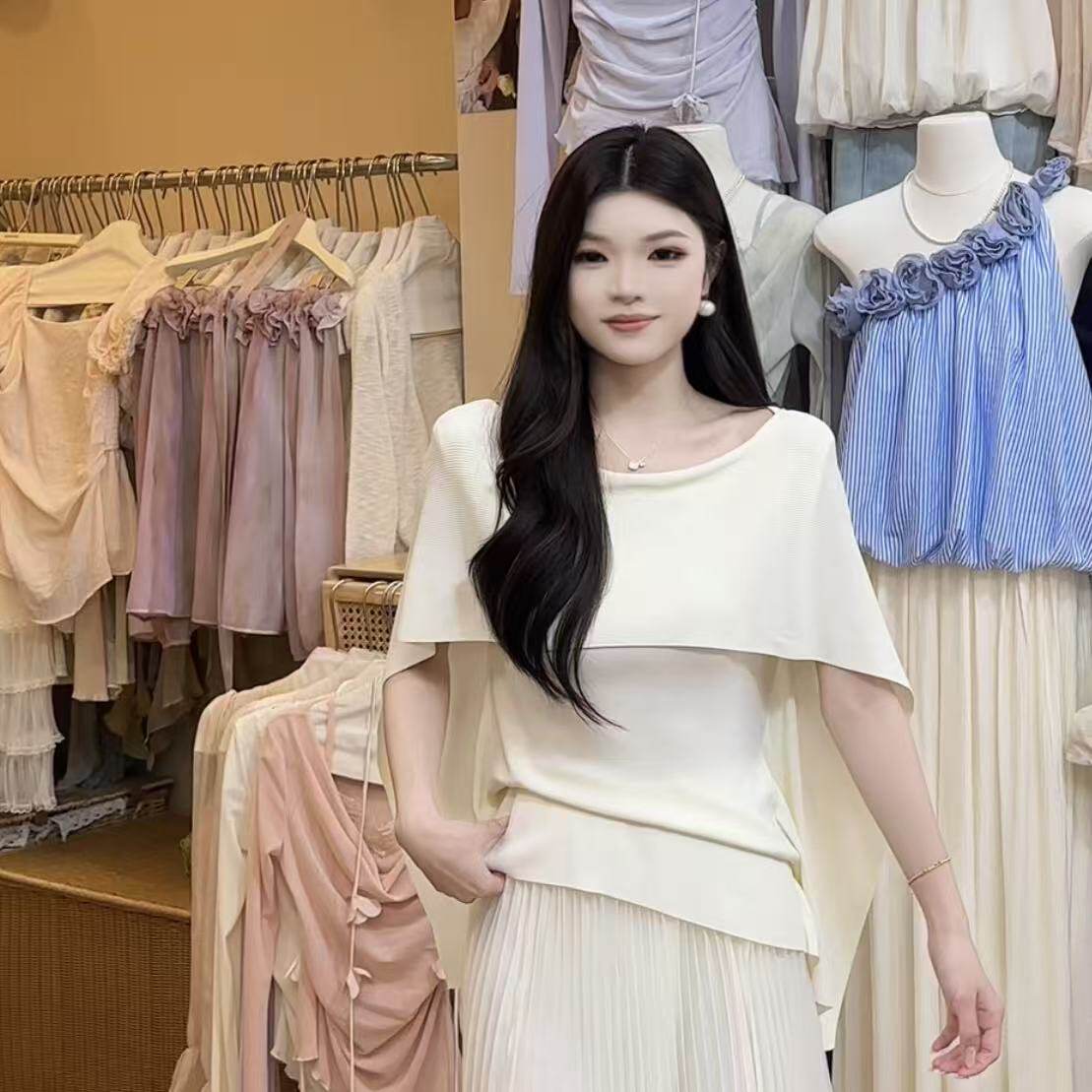 韩系百搭一字肩假两件针织衫显瘦百搭薄款气质时尚套头打底上衣女