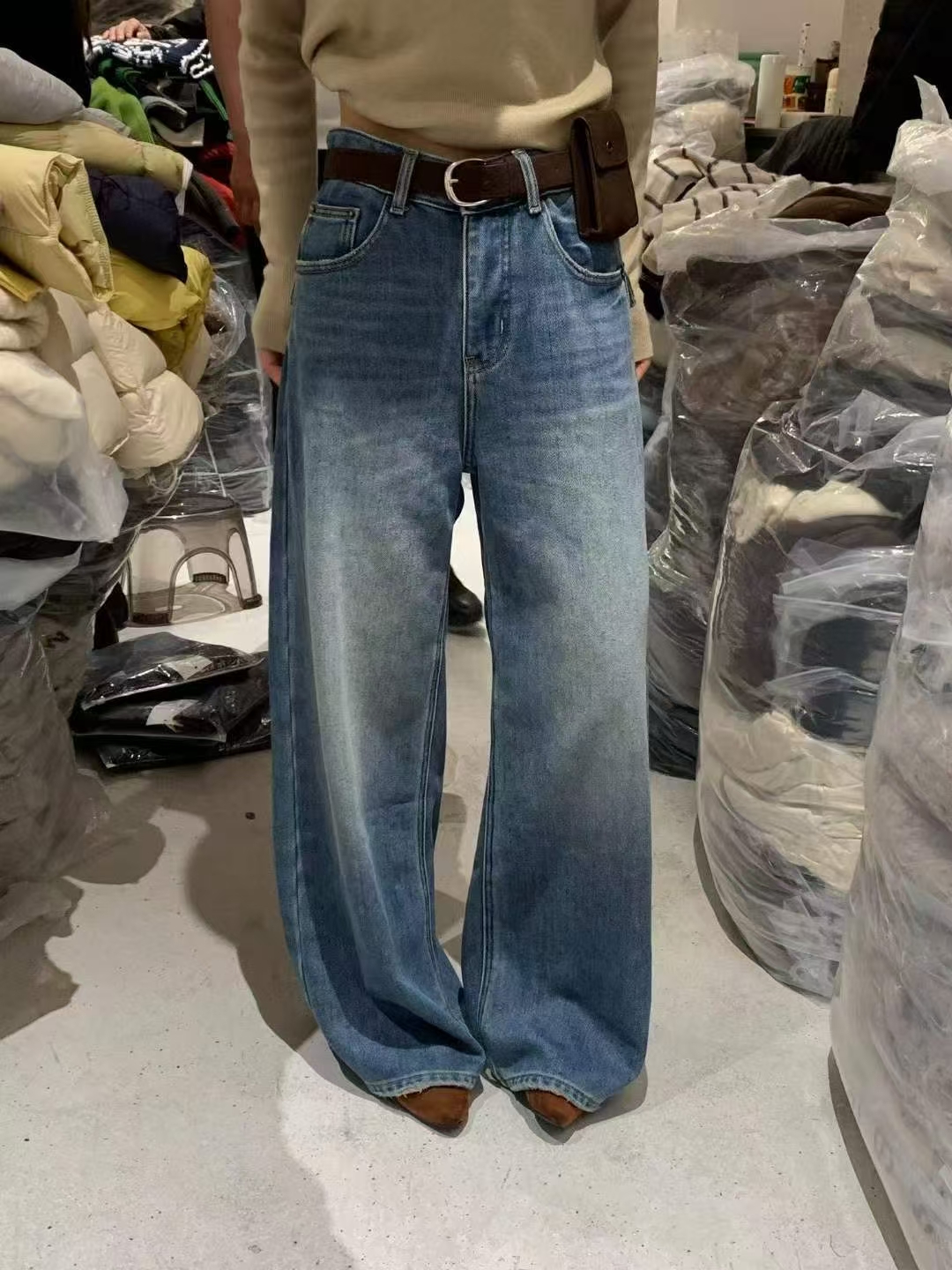 GD9977秋冬新款牛仔裤显瘦高腰窄版直筒裤加绒保暖女裤子配腰带