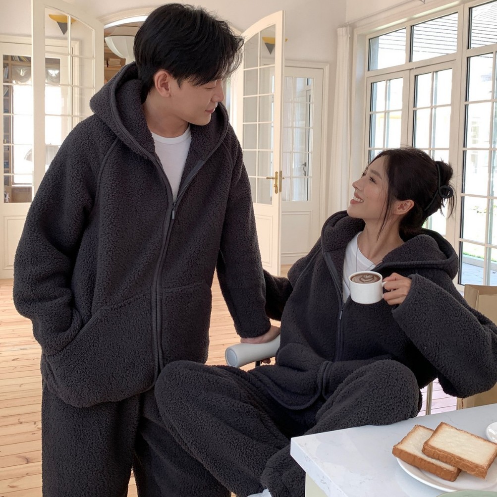 冬季新款情侣睡衣羊羔绒加厚连帽睡衣/家居服套装