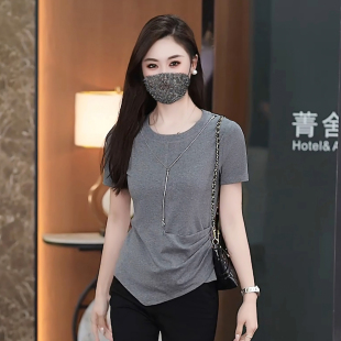 休闲风不对称短袖T恤女2026夏季新款设计感收腰上衣