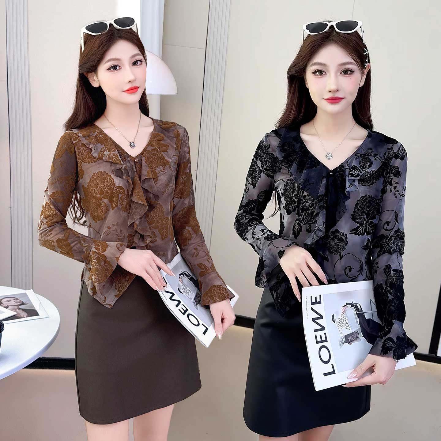 新款早春长袖衬衫荷叶边V领镂空网纱植绒早秋时尚复古小众上衣女