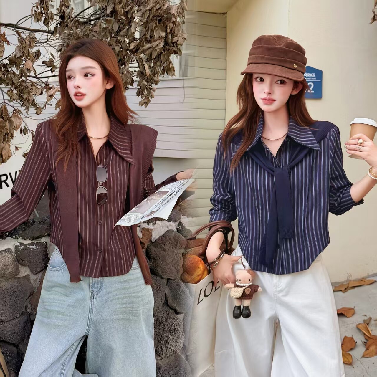 简约条纹飘带宽松显瘦衬衫女