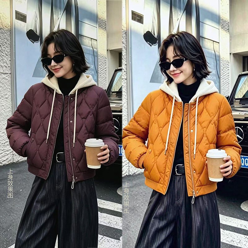 韩系轻薄短款菱格显瘦女棉服