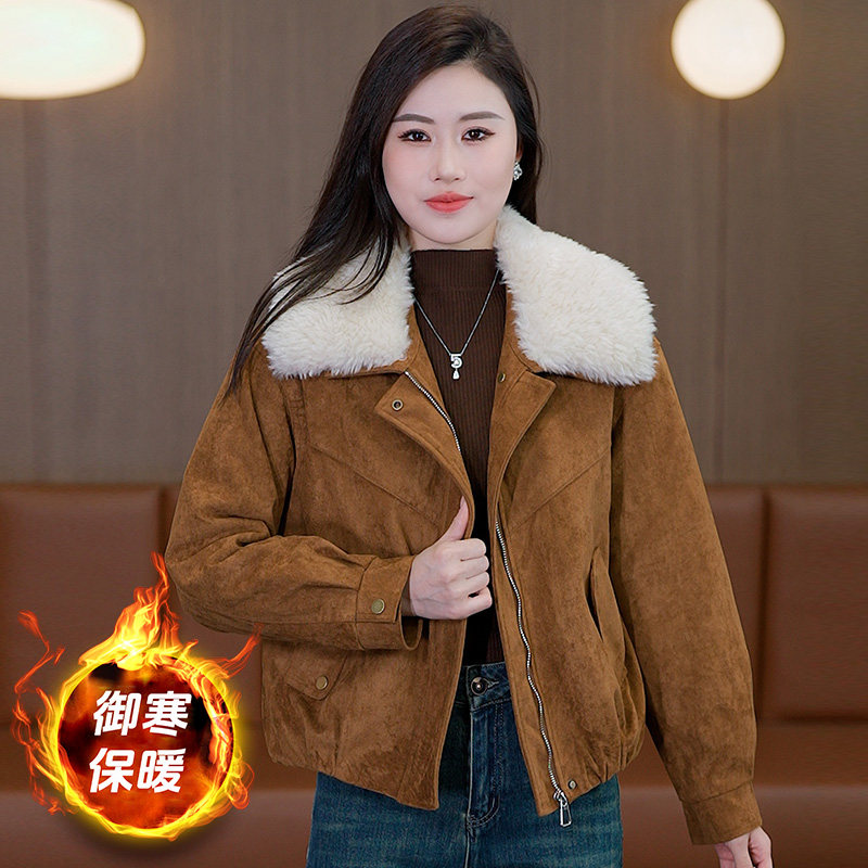 秋冬加厚短款毛领拉链棉服女