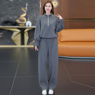 慵懒风休闲运动服套装女士春秋冬季加绒加厚连帽卫衣阔腿裤两件套