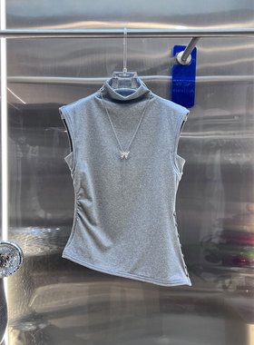 BBLY欧洲站小众英伦风半高领褶皱收腰上衣无袖链条配不规则背心女