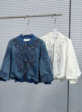 BBLY欧洲站小众重工钉珠亮片洋气减龄上衣刺绣花朵小香风牛仔外套