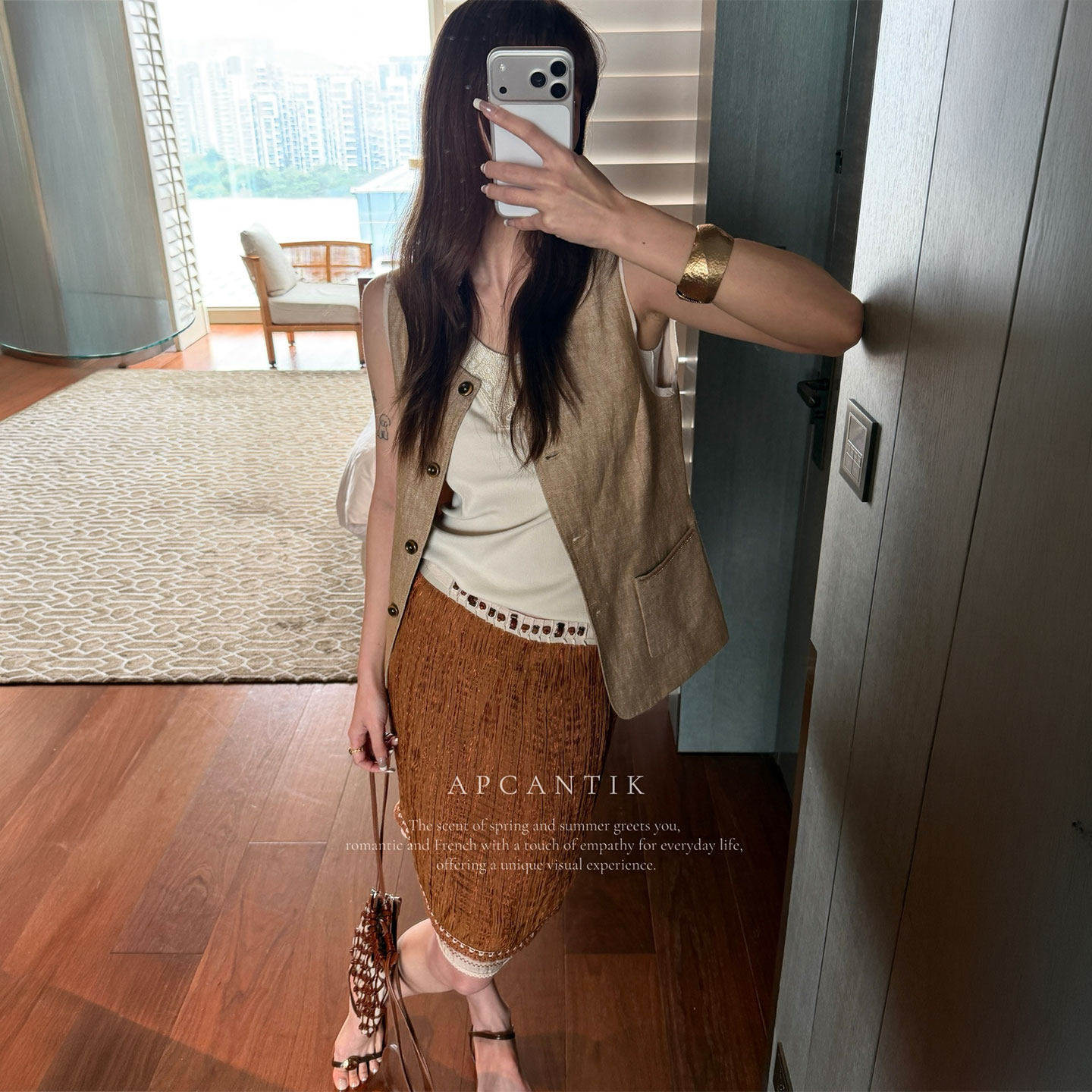 BBLY欧洲站小众深圳南油苎麻设计感马甲压褶层次感减龄半身裙套装