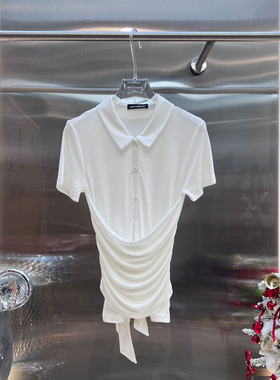 BBLY欧洲站小众南油高端Polo领短袖T恤修身收腰扭结褶皱百搭上衣