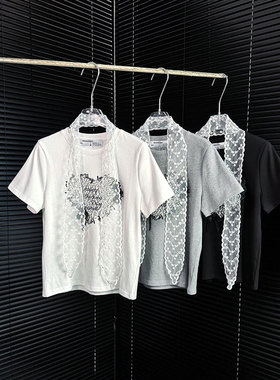 BBLY欧洲站小众AMODEDIOSA刺绣亮片爱心字母上衣正肩纯棉长袖t恤