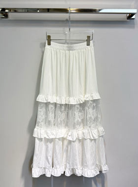 BBLY欧洲站小众深圳南油设计感木耳边蛋糕裙蕾丝拼接网纱半身裙女